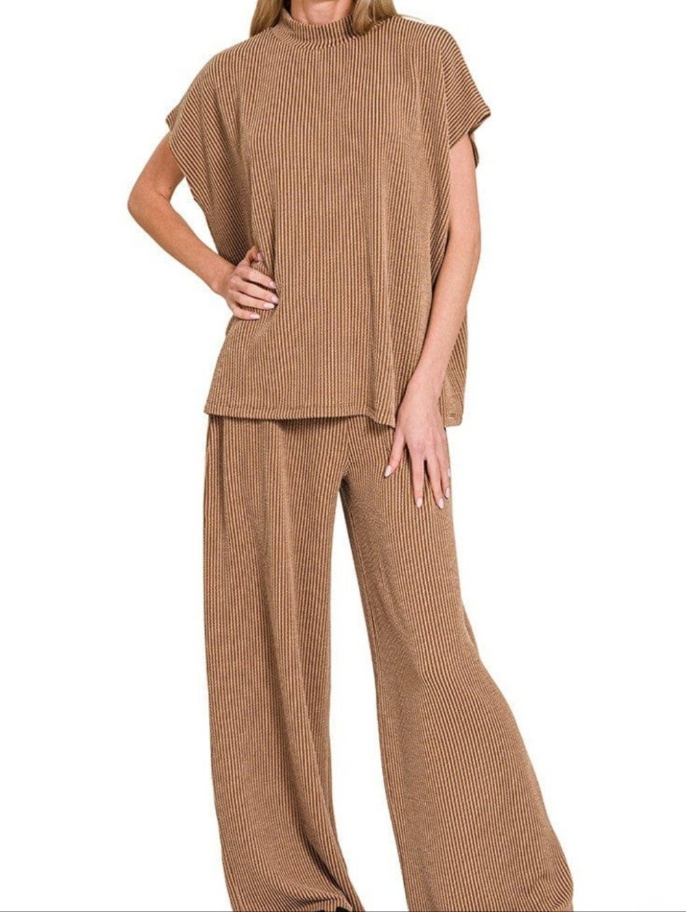 Zenana Outfitter Relaxed Ribbed Knit Set in Brown Size S - Picture 3 of 6
